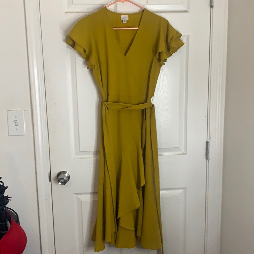 Yellow/ Gold Calf Length Wrap Dress